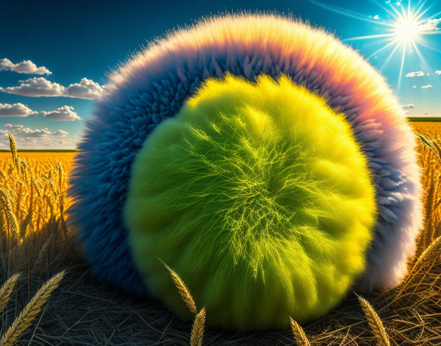 Surreal rainbow object in golden wheat field under bright sun