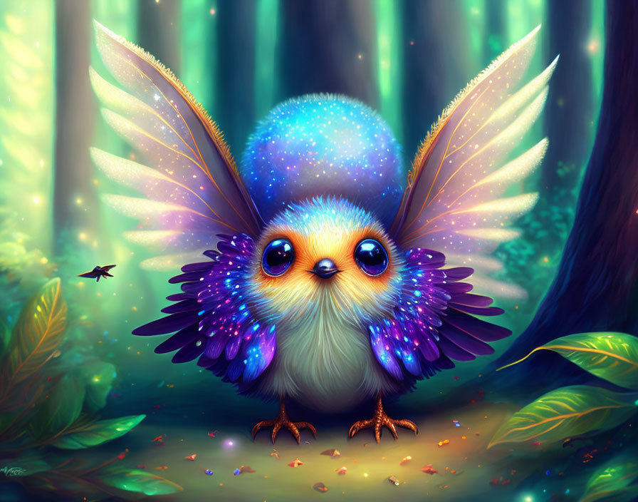 Colorful creature with expressive eyes and iridescent wings in forest setting