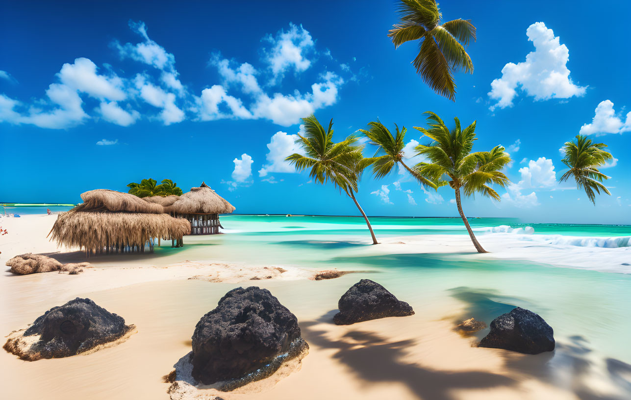 Sunny tropical beach scene with palm trees, thatched huts, white sand, and turquoise sea