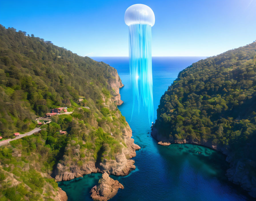 Giant jellyfish levitates over coastal landscape