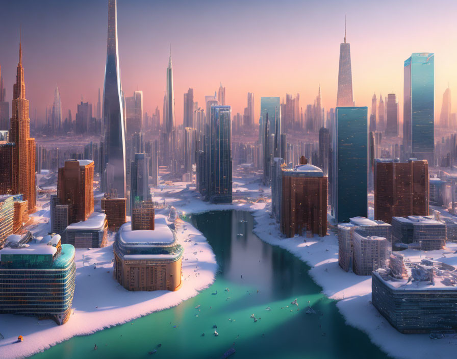 Snow-covered buildings in futuristic cityscape at sunset