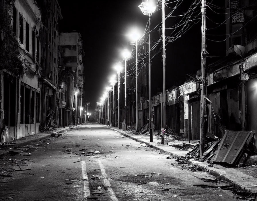 Desolate urban street at night with derelict buildings and illuminated streetlights