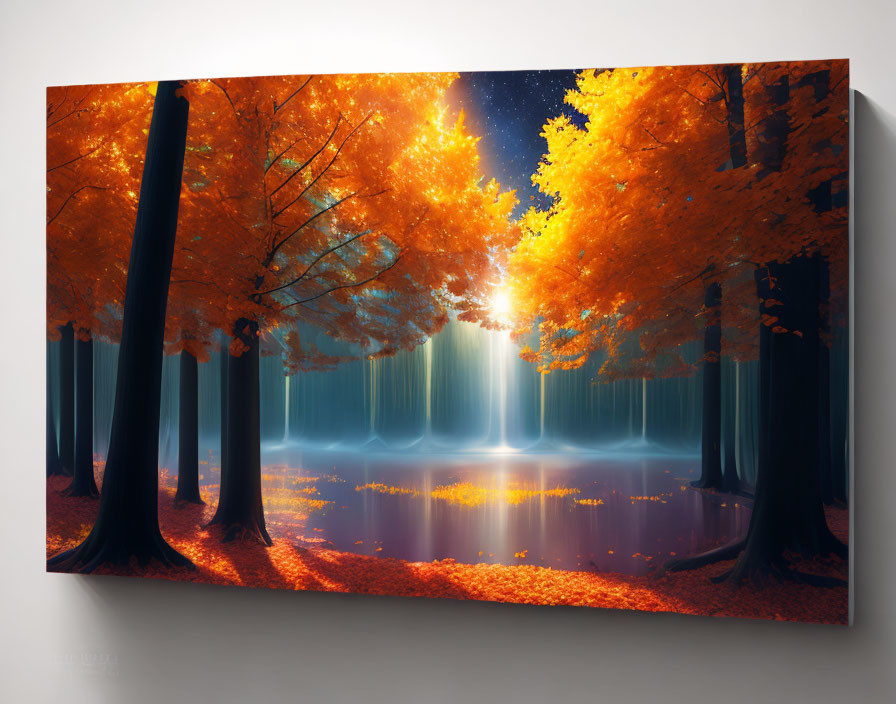 Autumn forest canvas print with orange leaves, sunlight, and reflective water