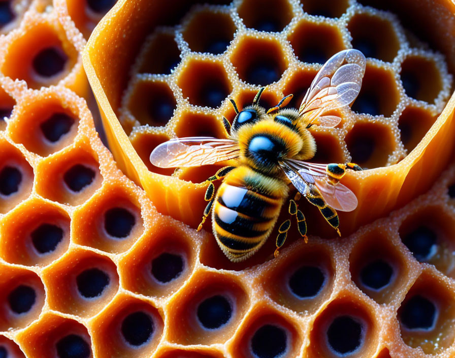 Detailed view of bee on honeycomb with stripes, wings, and wax cells