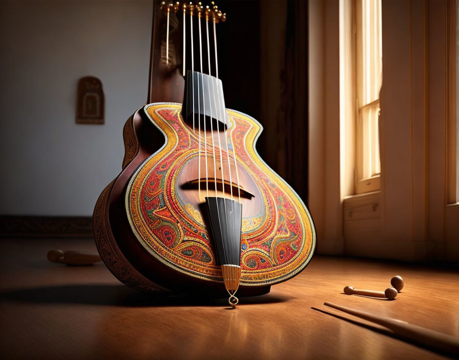 Intricate patterned stringed instrument on wooden floor with drumsticks