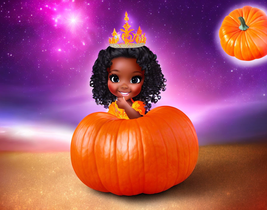 Animated princess in crown inside large pumpkin on purple starry backdrop