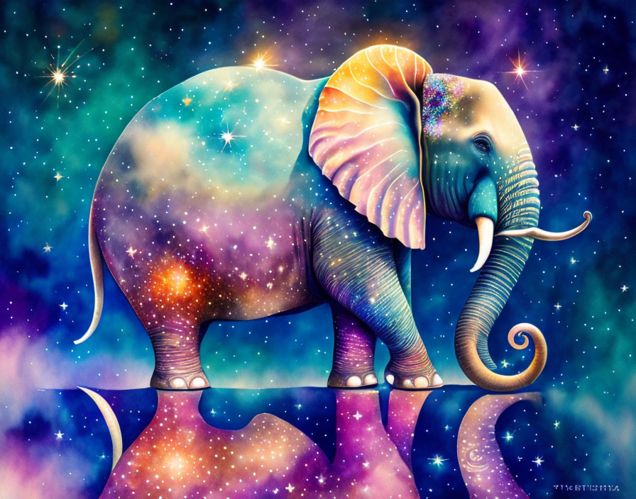 Cosmic patterned elephant against starry space backdrop