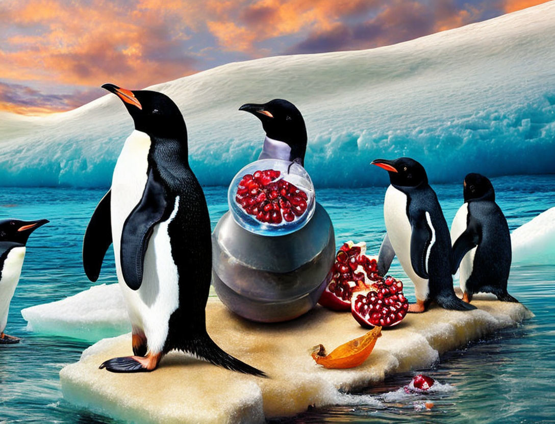 Antarctic penguins on ice floe with pomegranate seeds and sliced fruit, ocean