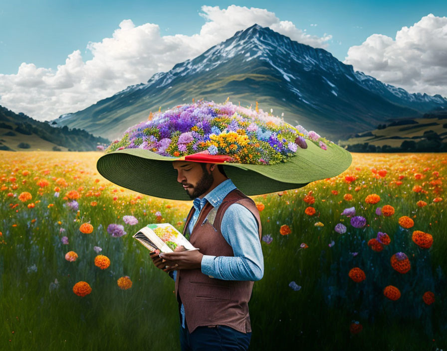 Man reading book in flower field with colorful hat, mountain backdrop