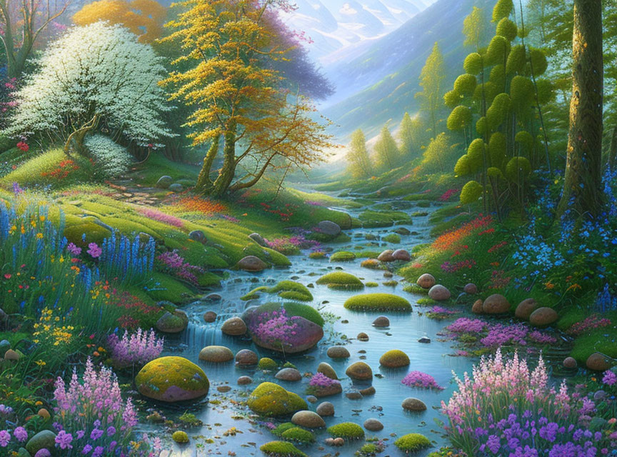 Tranquil stream in vibrant forest with sunlight and diverse flora