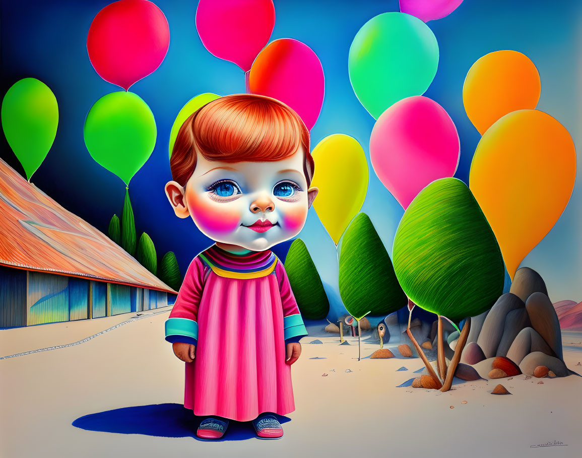 Child with large eyes near colorful balloons and whimsical scenery