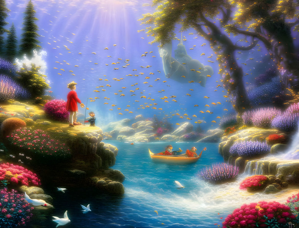 Child on rock in fantasy landscape with boat, flowers, birds, fish, light beams, and distant