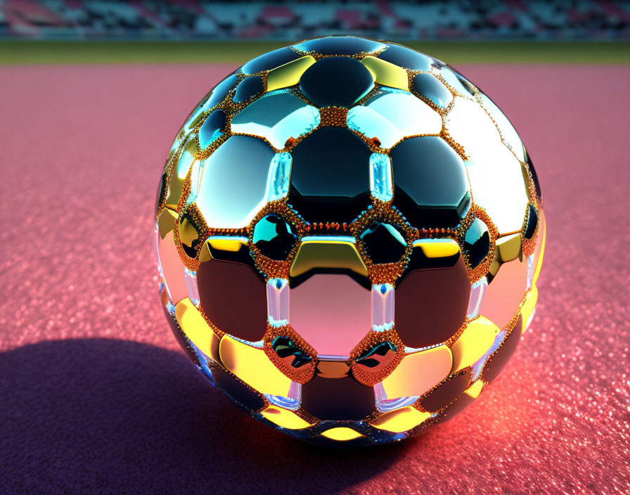 Golden and Black Pattern Reflective Soccer Ball on Field with Stadium Background