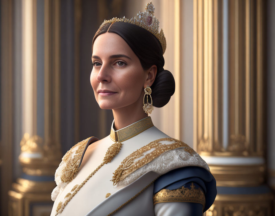 Regal woman in gold-trimmed blue robe and tiara with elegant bun