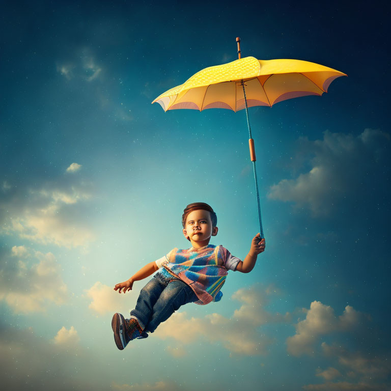 Child in casual clothes flying with yellow umbrella in cloudy sky