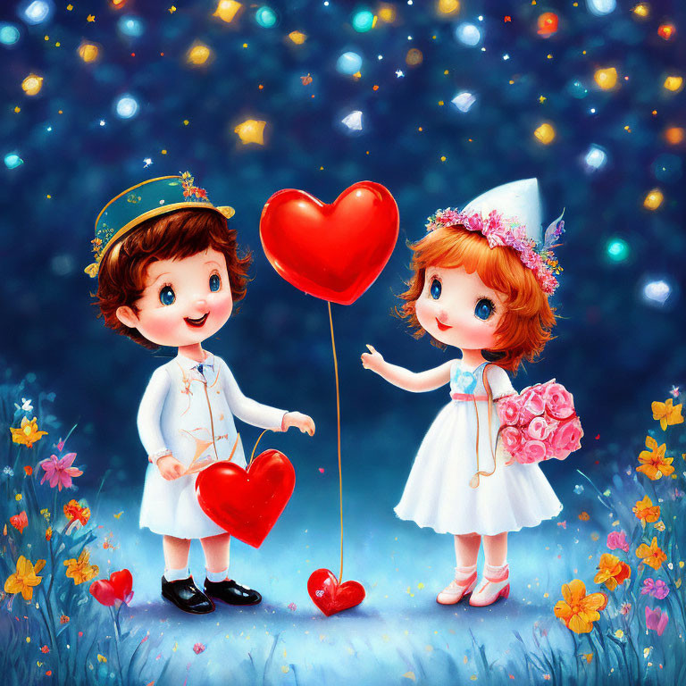 Animated children with heart balloons in flower-filled night scene