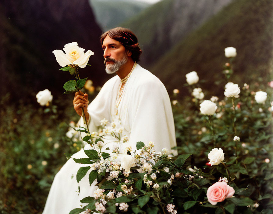 Bearded man in white attire holding white rose in nature scene