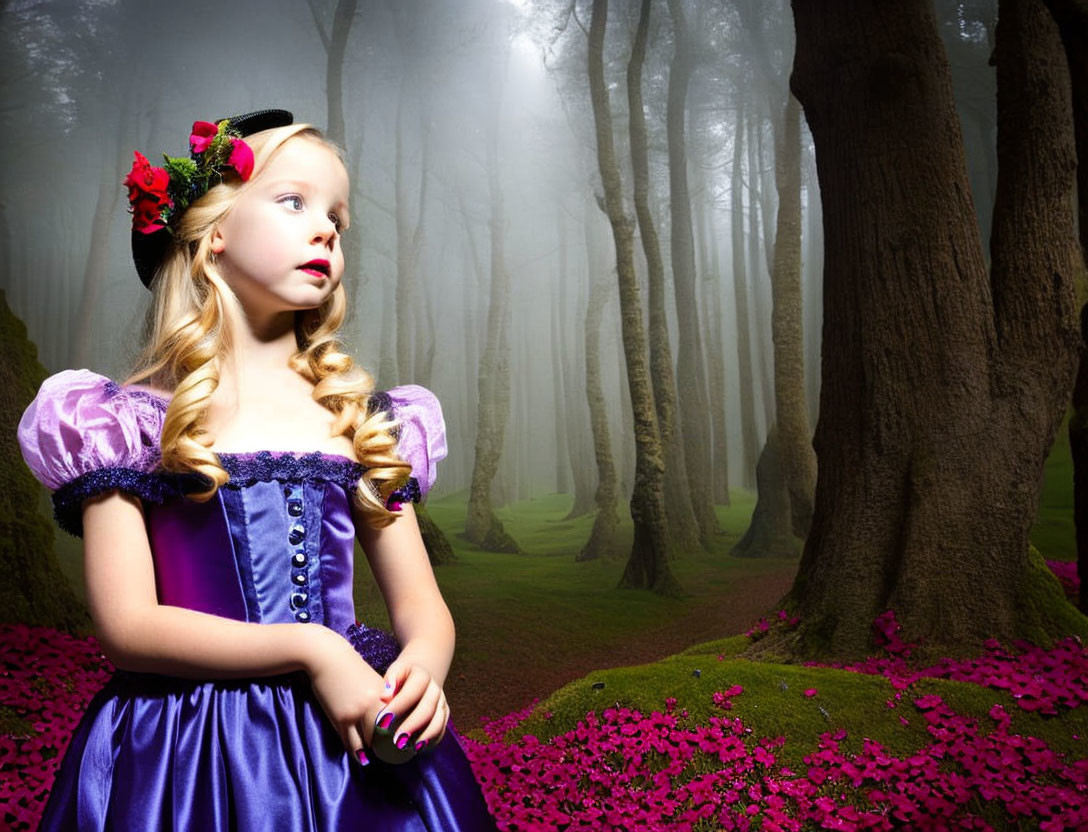 Young girl in purple dress in misty forest with pink flowers