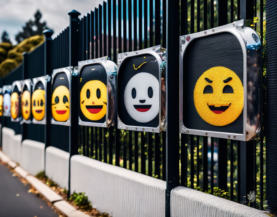 Emoji-faced traffic signals on fence with smiling to surprised expressions