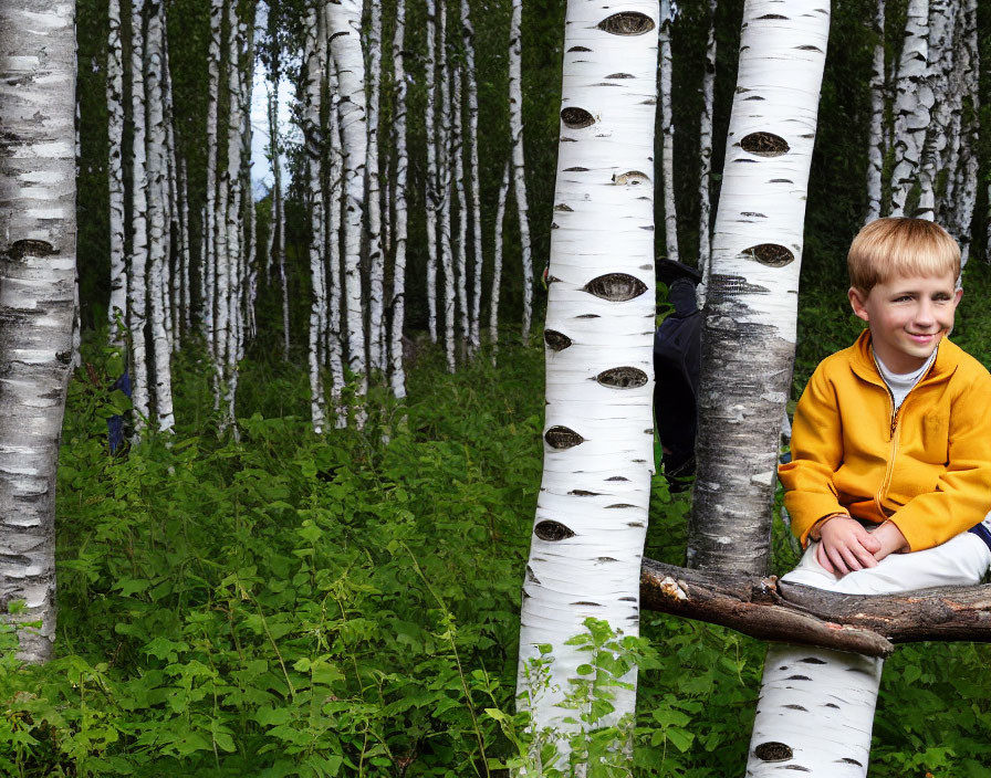 Smiling child on fallen birch log in dense forest