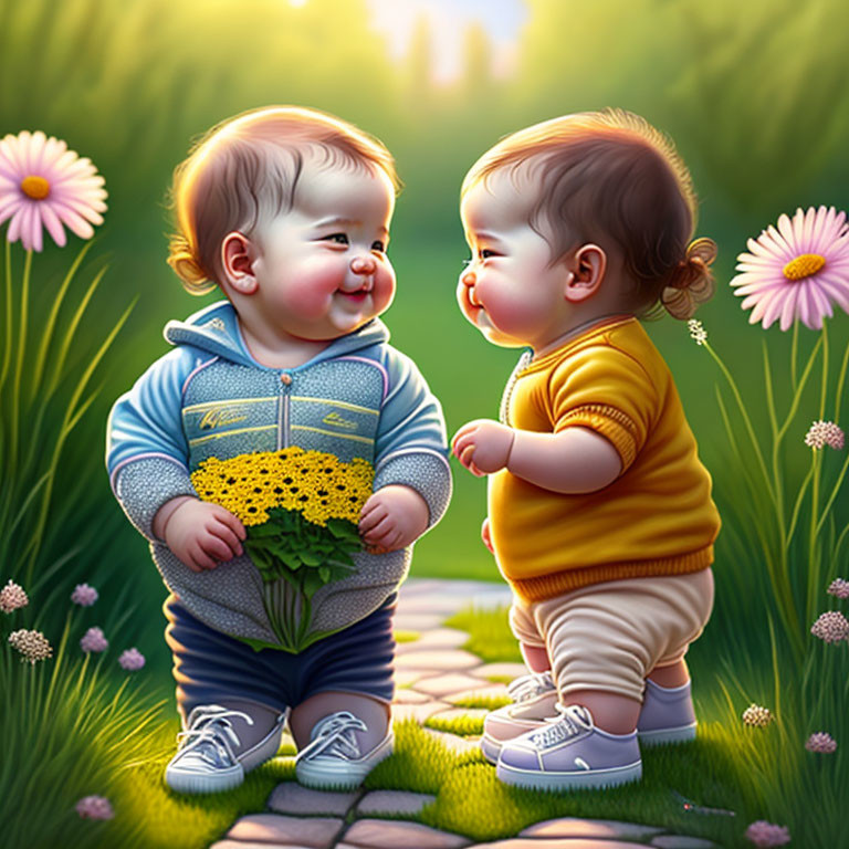 Happy animated babies in sunlit garden with yellow flower and pink blossoms