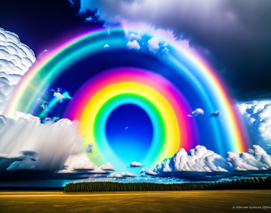 Digitally enhanced rainbow over lush field with dramatic clouds