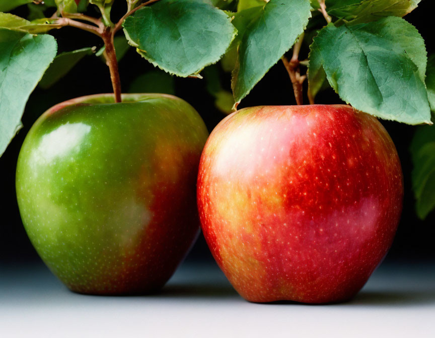 Vibrant red and green apples against neutral backdrop with fresh leaves