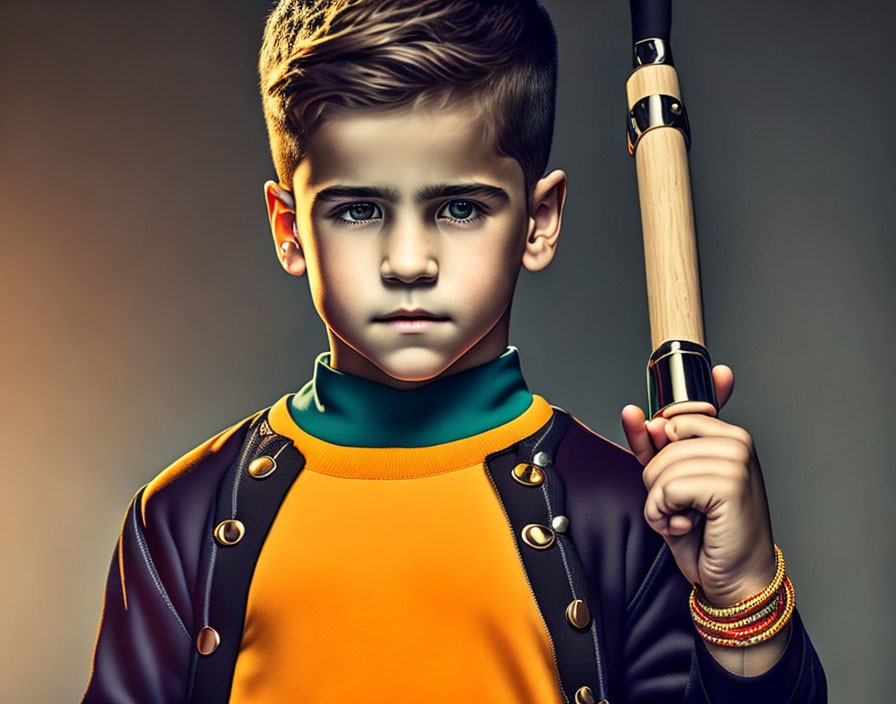 Stylish young boy in varsity jacket with baseball bat