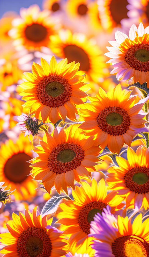 Bright yellow sunflowers in a purple-tinged field