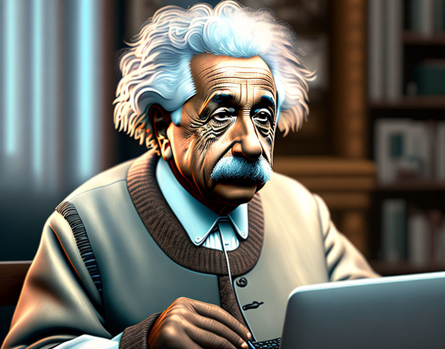 Illustration of physicist-like figure with white hair and laptop in library