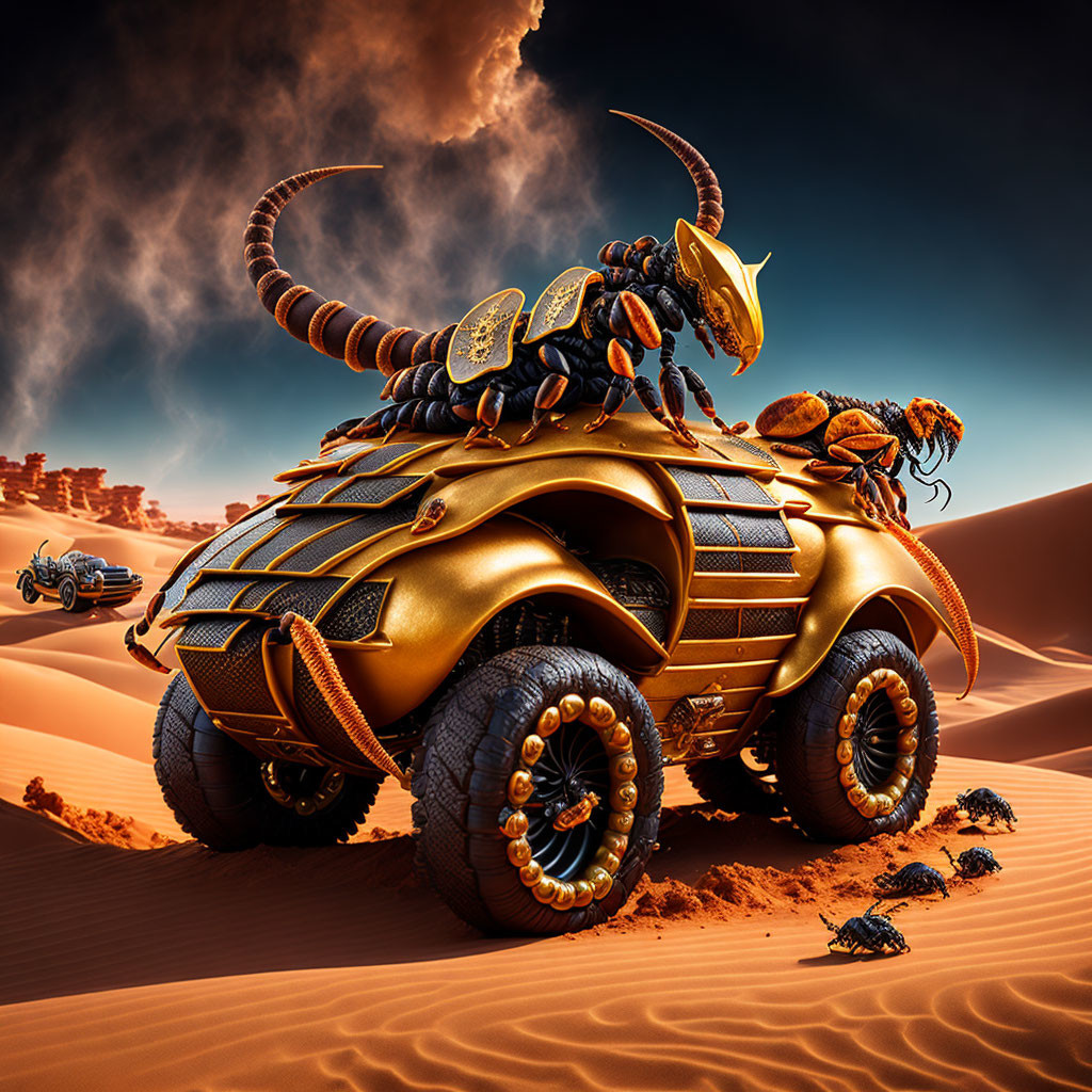 Armored beetle concept vehicle with drone companions on desert dune