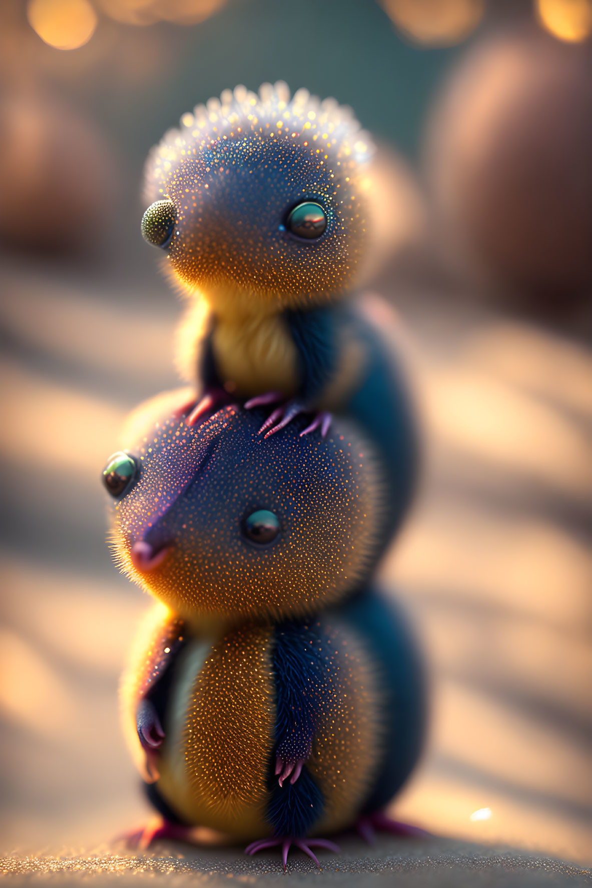 Sparkling spherical creatures with big eyes and stubby limbs on warm background