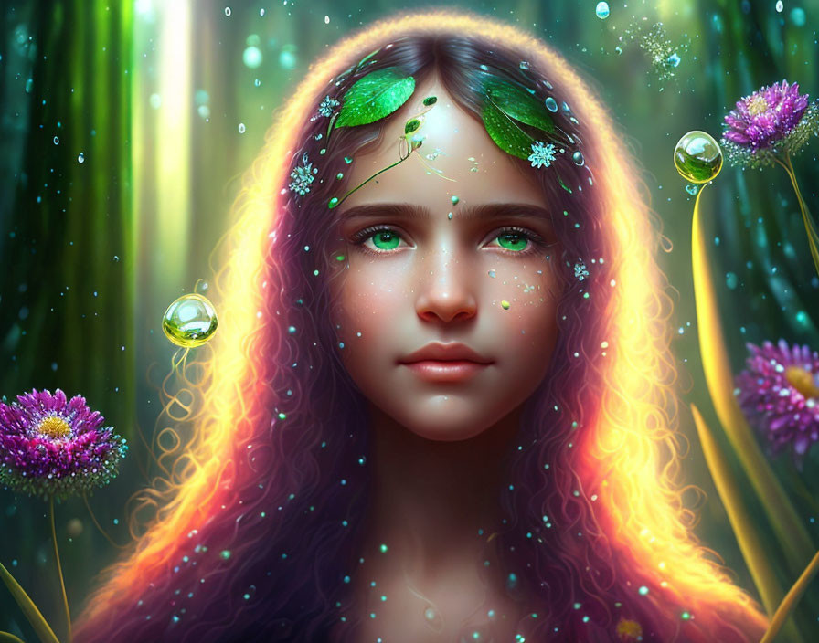 Multicolored hair portrait with foliage and bubbles in magical setting