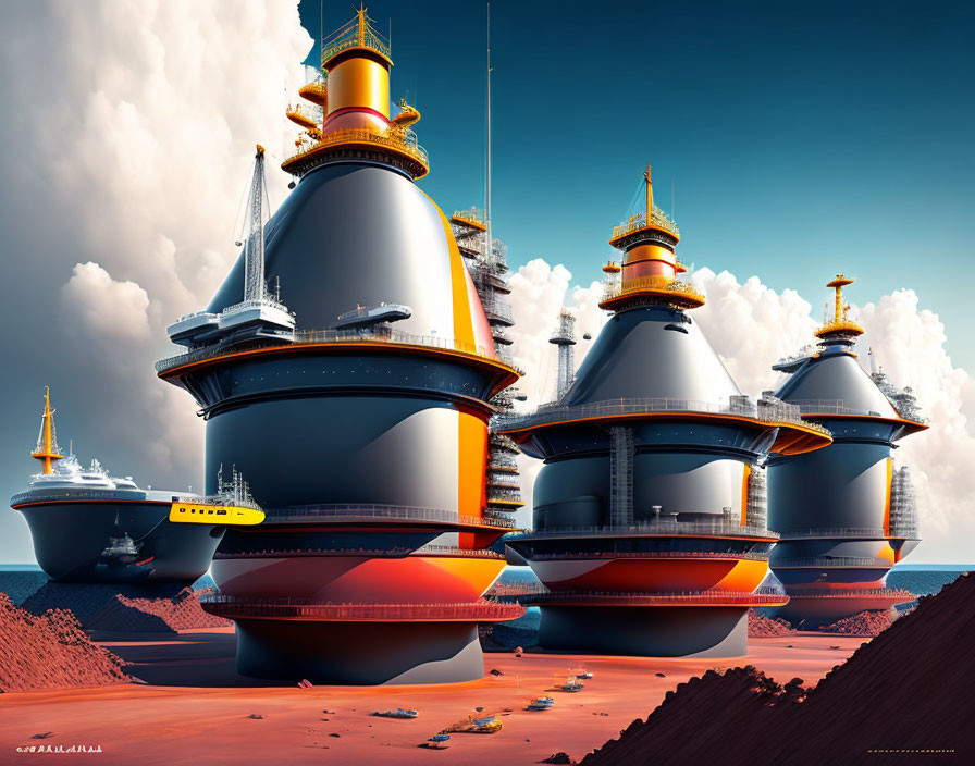 Dome-shaped futuristic buildings in desert with submarine and vessels