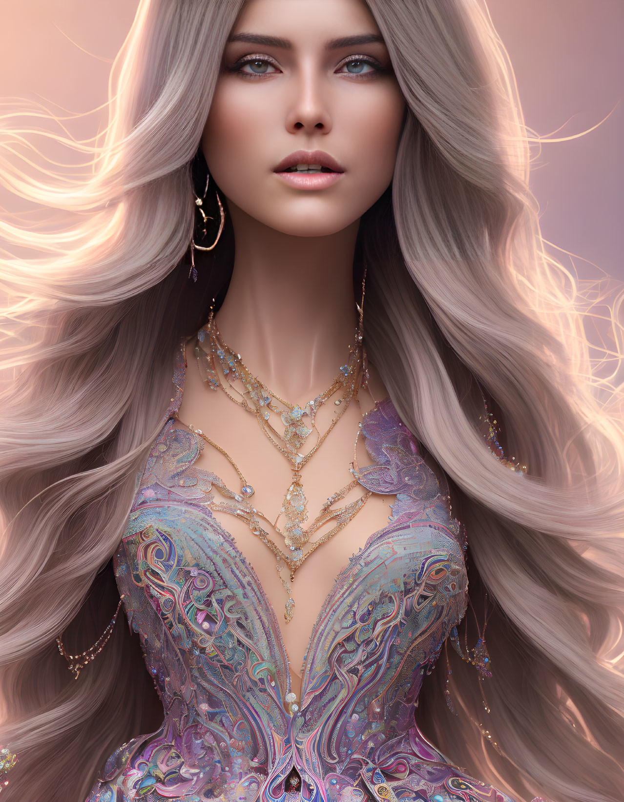 Portrait of Woman with Silver Hair and Blue Eyes in Gold Jewelry and Purple Outfit