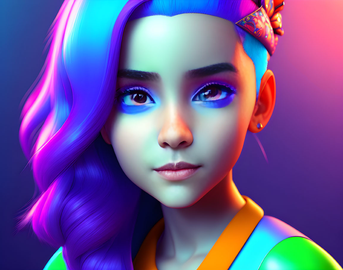 Vibrant digital portrait of a girl with blue and purple hair and vivid blue eyeshadow