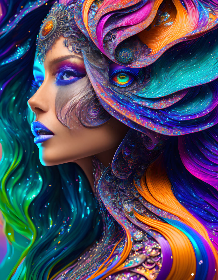 Vibrant digital art: Woman with blue and purple hair & peacock feather adornments