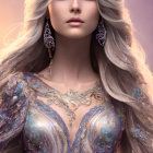 Portrait of Woman with Silver Hair and Blue Eyes in Gold Jewelry and Purple Outfit