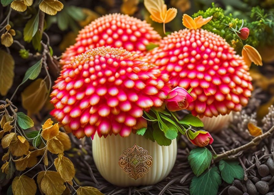 Vibrant red-orange mushrooms in whimsical forest with dotted textures