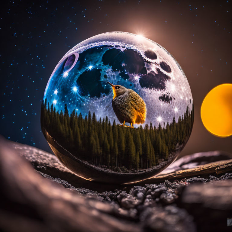 Bird perched on reflective sphere with pine forest, starry sky, moons, and distant planet against