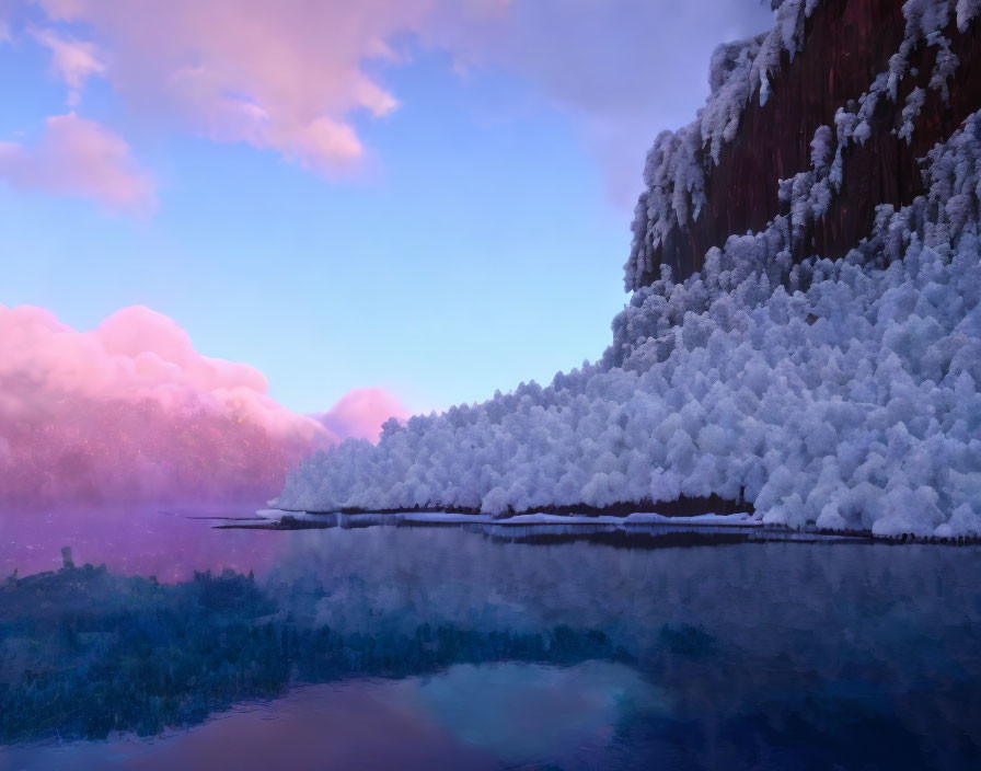 Snow-covered trees by still lake in serene winter scene