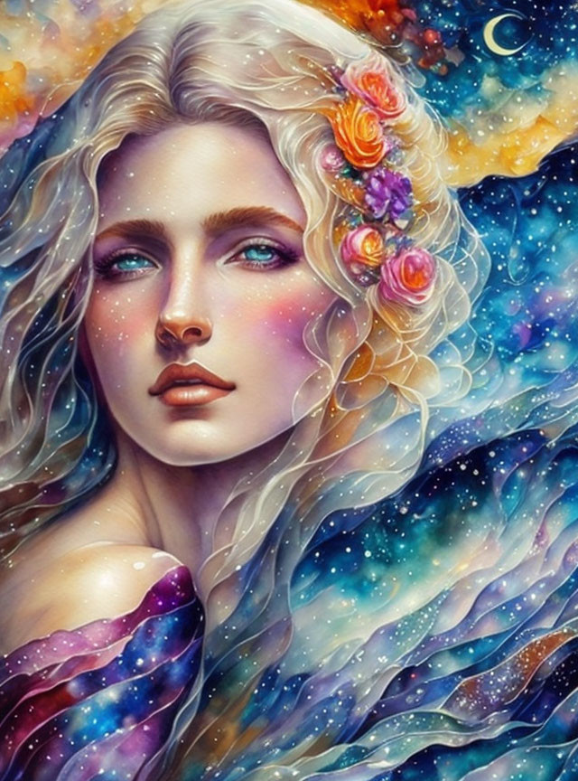 Woman with Wavy Hair in Cosmic Setting with Flowers and Crescent Moon