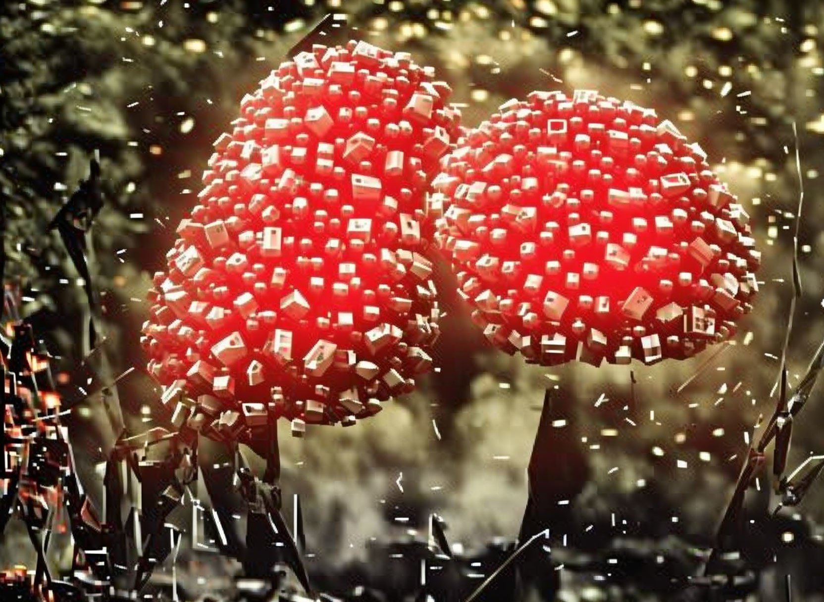 Red cube 3D structures with shimmering particles on blurred background