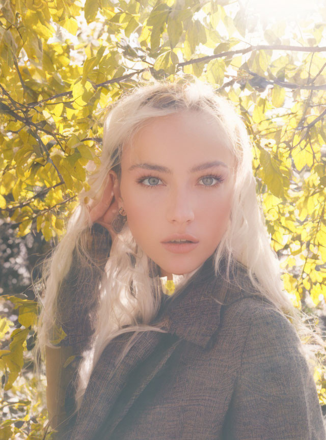 Blonde Woman with Blue Eyes Among Sunlit Leaves