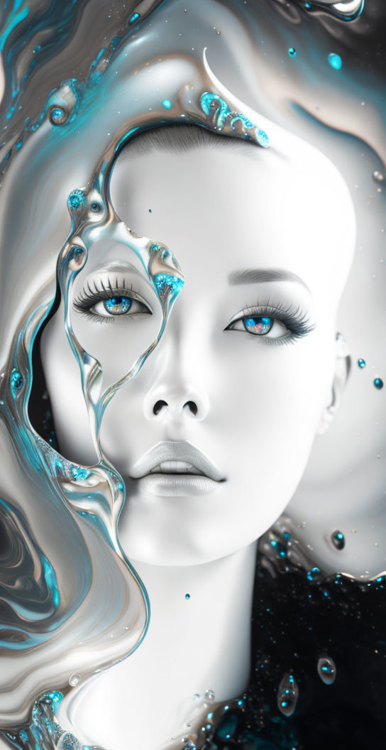 Surreal portrait of female figure with flowing hair and abstract liquid forms in white, blue, and