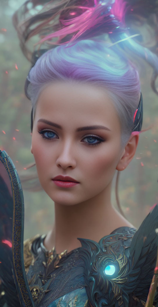 Digital portrait: Woman with lavender hair, blue eyes, fantasy armor