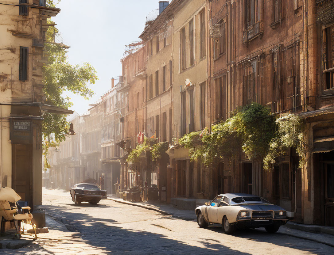 Vintage cars and ivy-covered buildings on sunlit cobblestone street