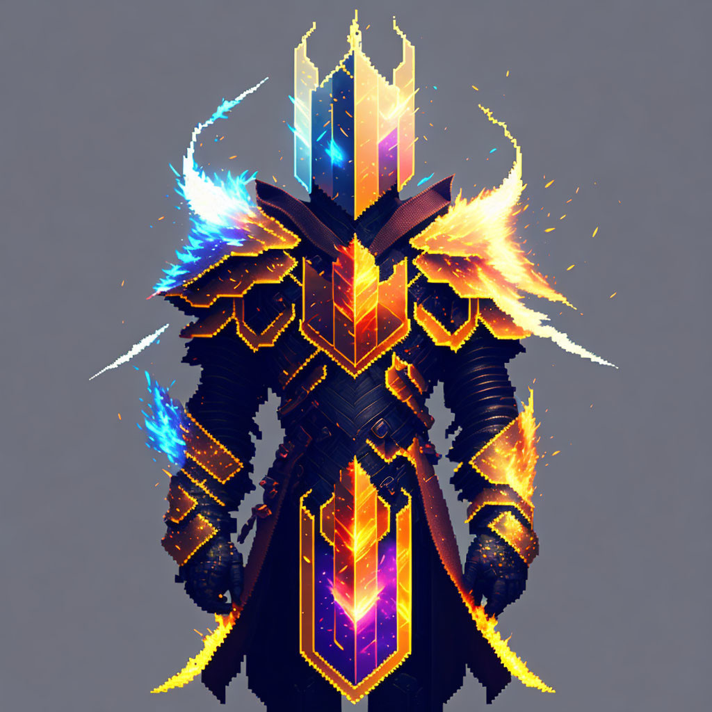 Digital artwork: Mystical figure in armor with glowing energy wings & crystal crown