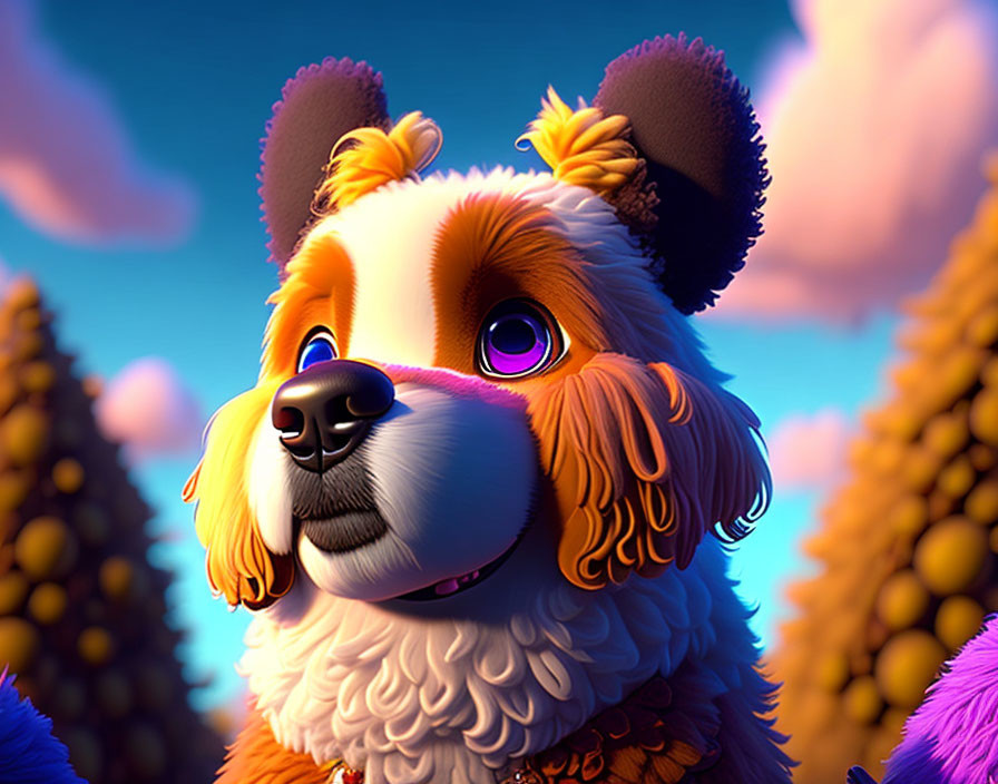 Vibrant 3D Dog Illustration with Purple Eyes in Twilight Forest