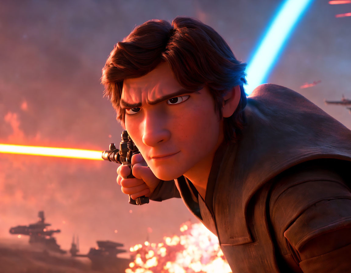 Brown-haired 3D character with blaster in battle stance, lightsabers clash in epic scene